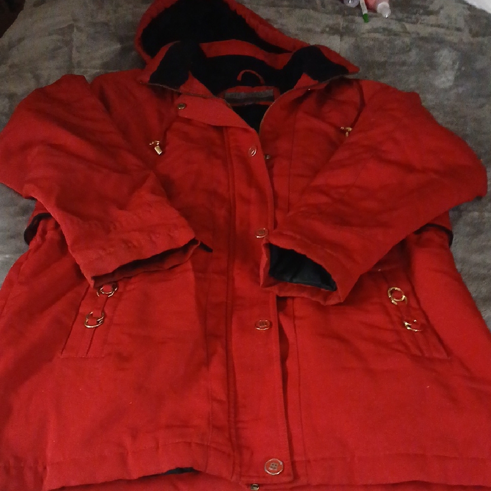 Vibrant Red Hooded Coat with Gold Accents